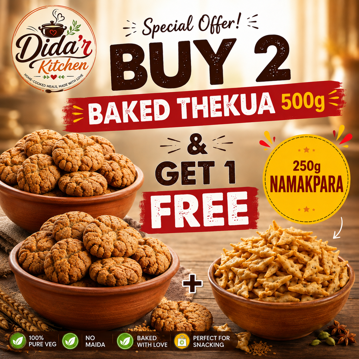 BUY 2 BAKED THEKUA 500g & GET 1 NAMAKPARA 250g FREE