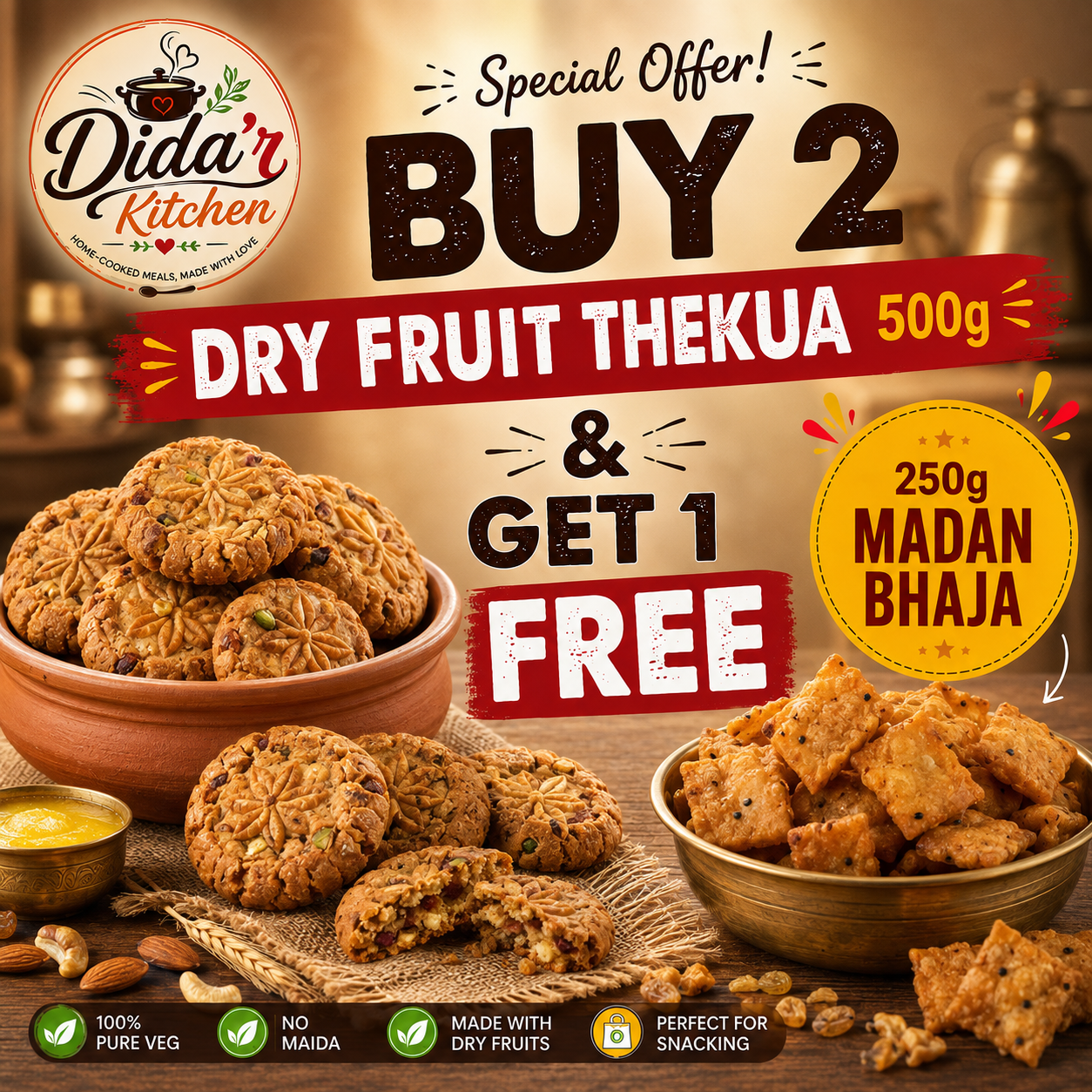 BUY 2 DRY FRUIT THEKUA 50G AND GET 1 FREE  MADAN BHAJA