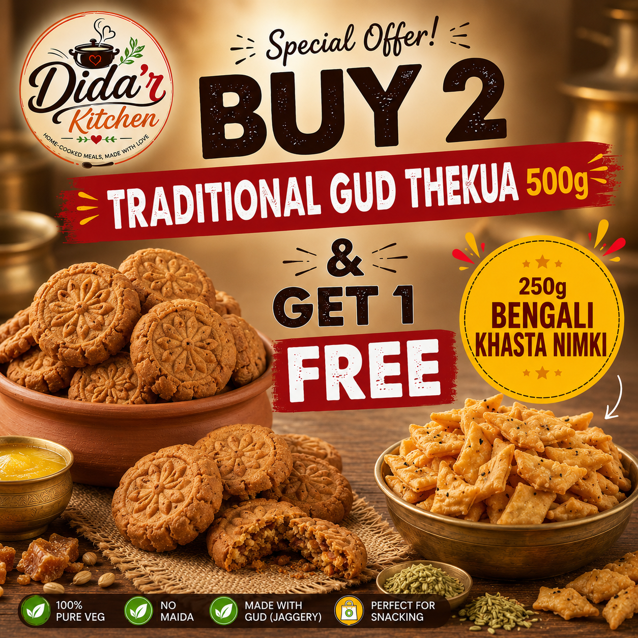 BUY 2 TRADITIONAL GUD THEKUA 500g GET 1 BENGALI KHASTA NIMKI  250g FREE