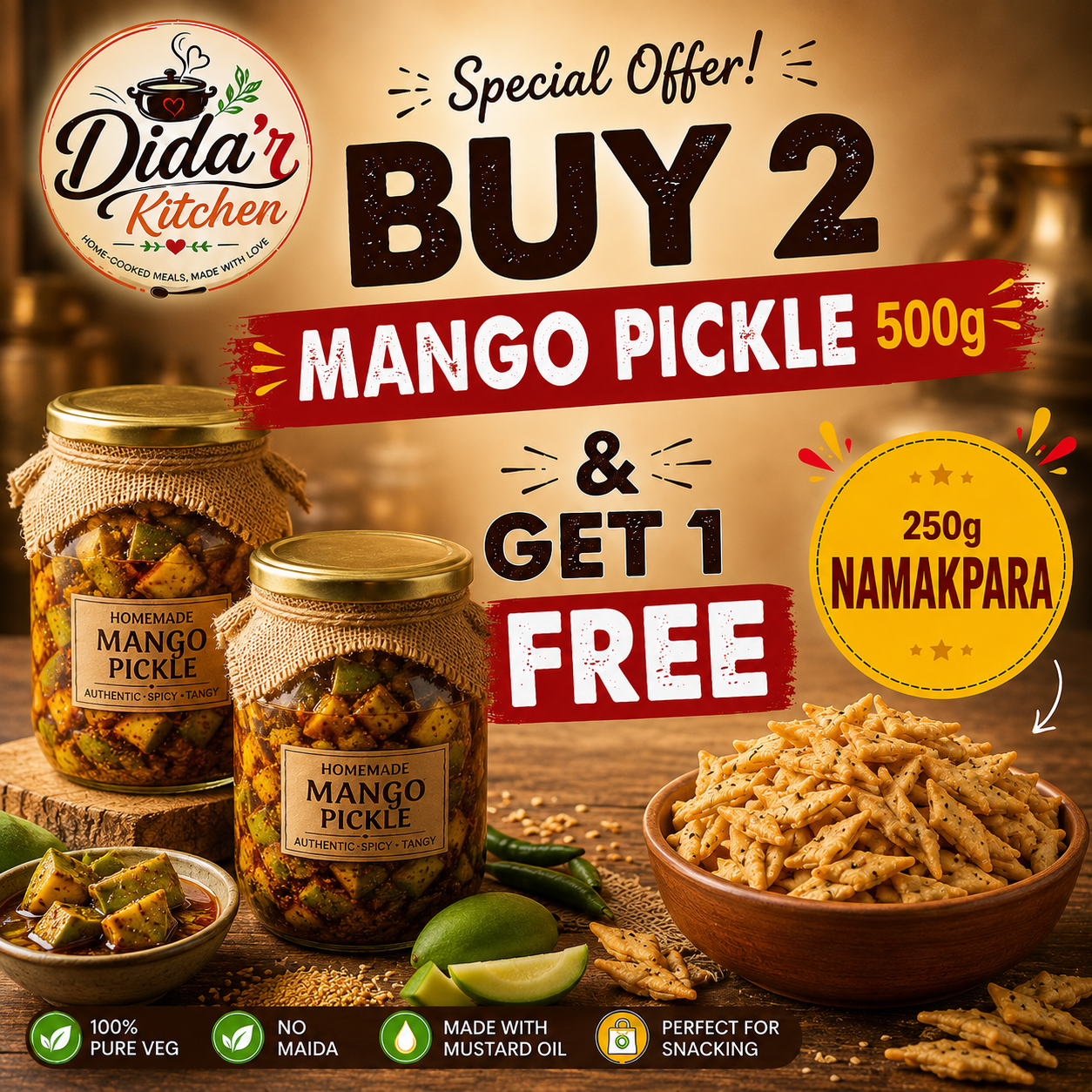 BUY 2 MANGO PICKLE 500G GET 1 NAMAKPARA 250G FREE