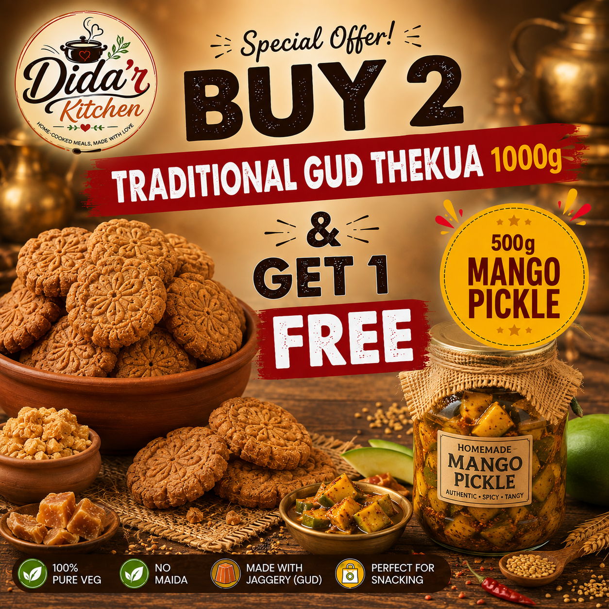 BUY 2 TRADITIONAL GUD THEKUA 1000g GET 1 MANGO PICKLE  500g FREE
