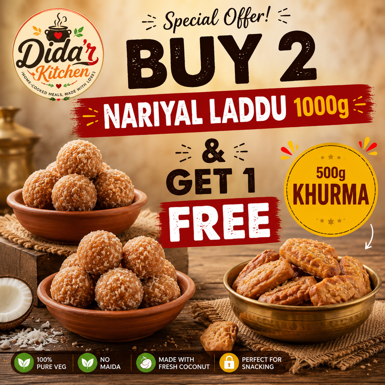 BUY 2 NARIYAL LADDU 1000g GET 1 KHURMA  500g FREE
